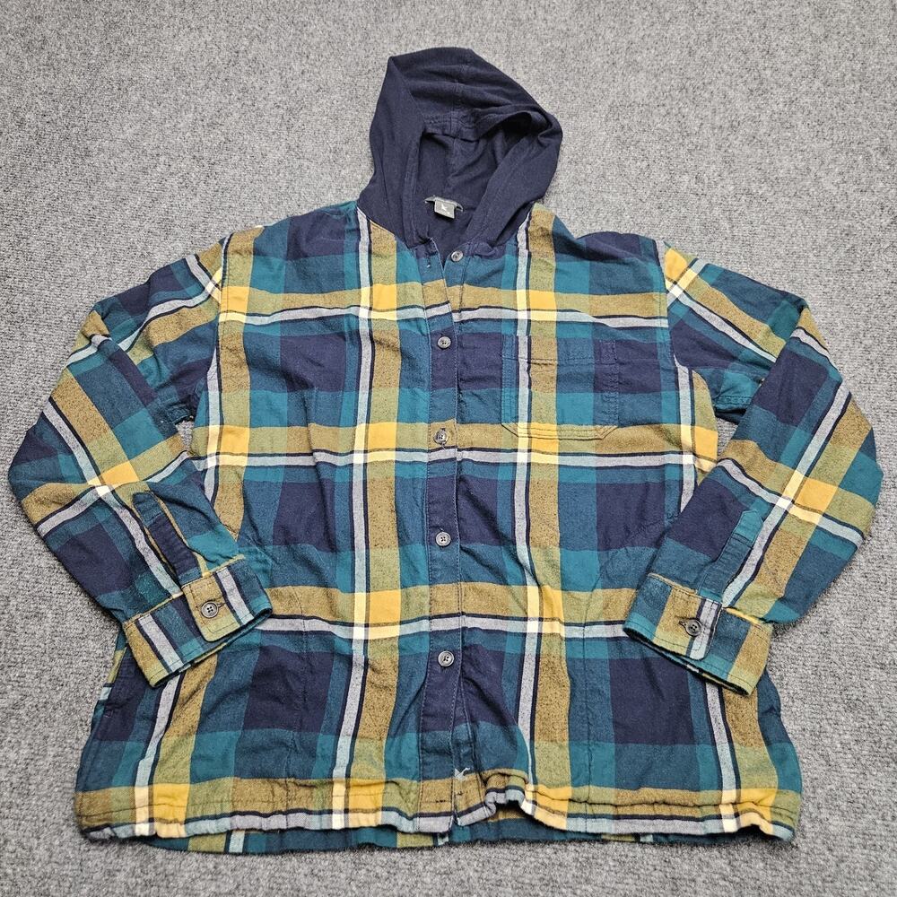 Eddie Bauer Plaid Flannel Hoodie Shirt M Womens Blue Green Yellow Cotton Casual